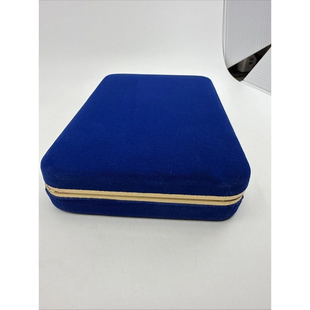 Vintage Clam Shell Blue Velvet Hinged Travel Jewelry Box Organizer 9x4